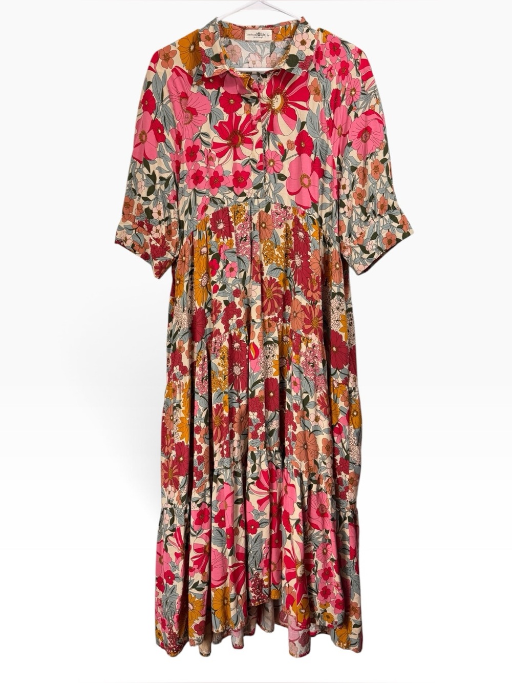 Natural Life Floral Tiered Dress Size Large Cottage Flowy Boho Whimsical Pocket